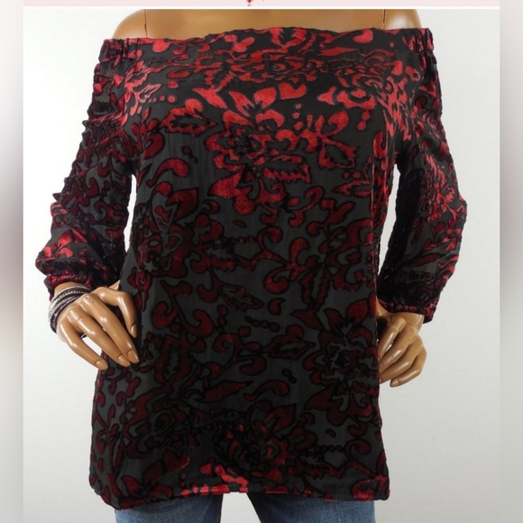 Chico's Off Shoulder Velvet Burnout Top Sz 2 NWT - Picture 2 of 9